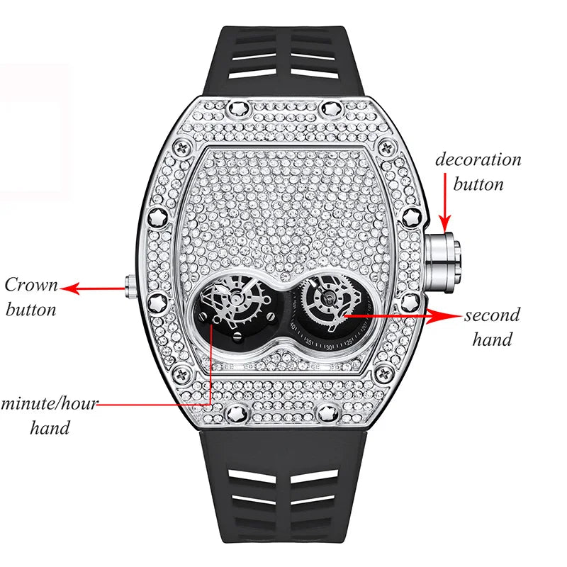 es Luxury Iced Out Diamond Stainless Steel Quartz Wristwatches Silicone Strap Tonneau Clock Relogio Masculino