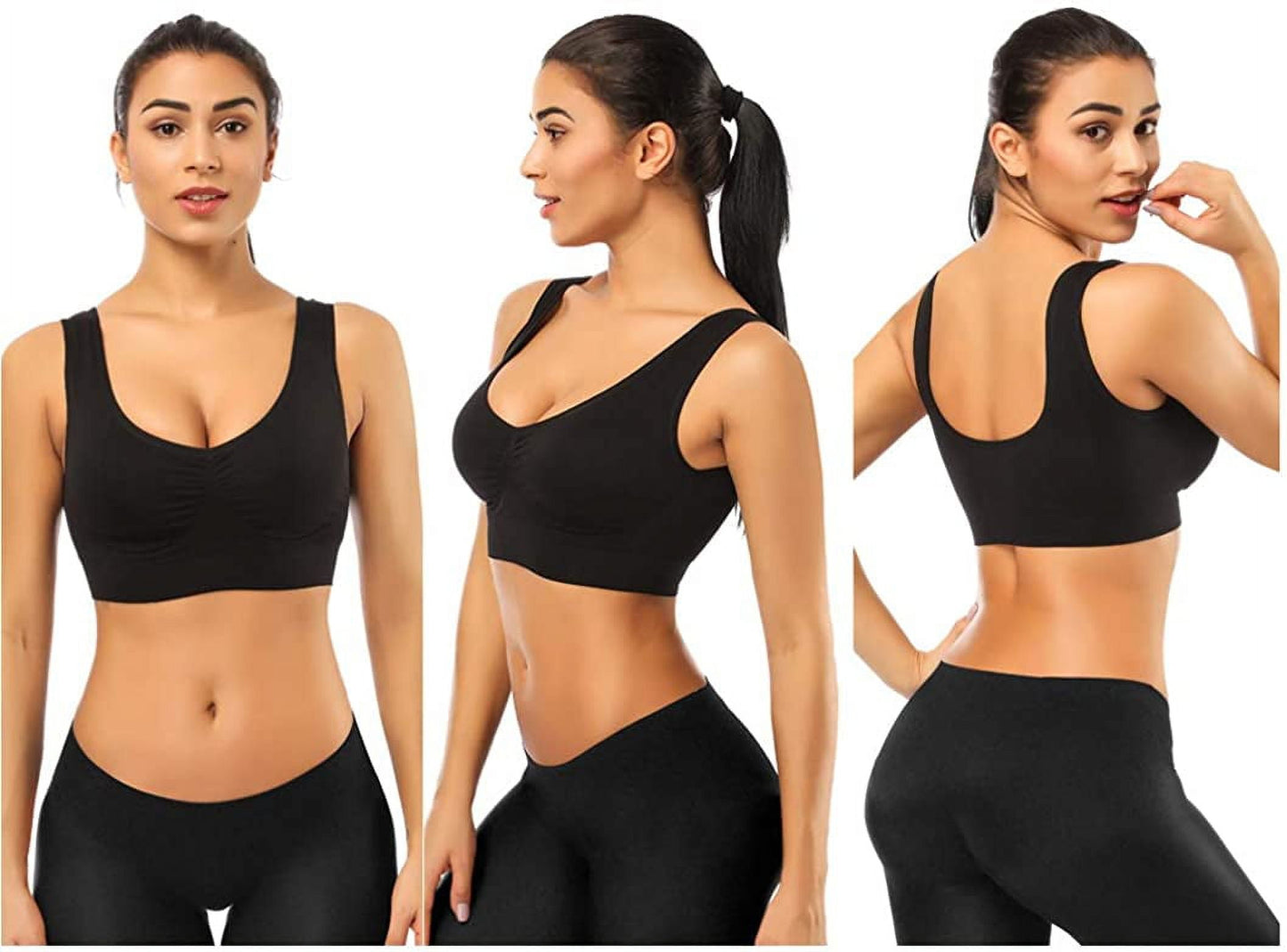 3 Pack Sports Bras for Women,Seamless Comfortable Bras Set with Removable Pads for Sleep,Pull on Closure plus Size,Black+White+Nude,Xxl