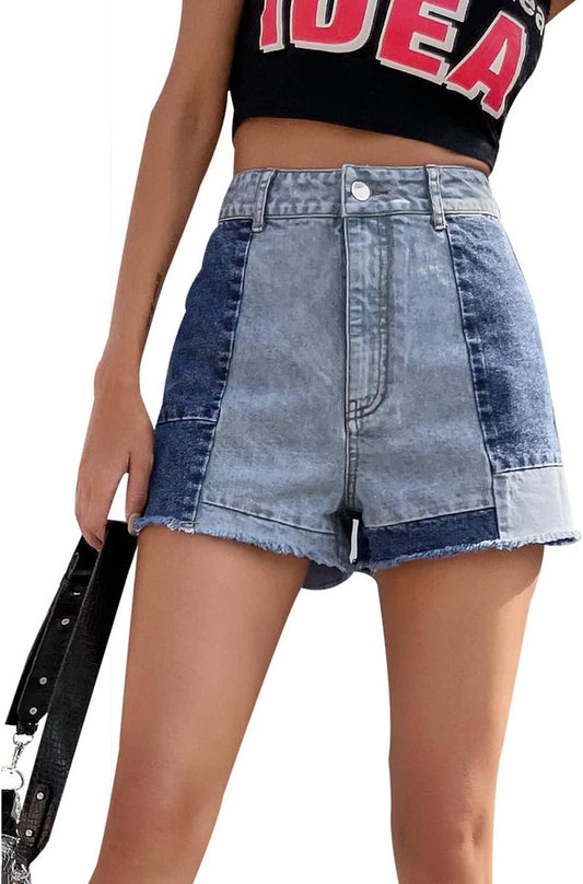 Patchwork Jean Shorts Women Frayed Raw Hem Straight Leg Loose Fit a Line Denim Shorts