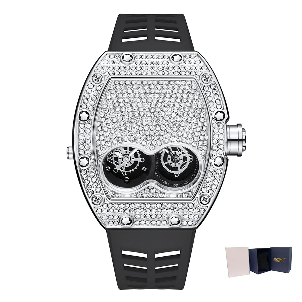 es Luxury Iced Out Diamond Stainless Steel Quartz Wristwatches Silicone Strap Tonneau Clock Relogio Masculino